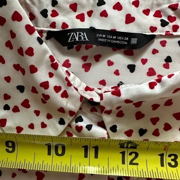 Zara white silken long sleeve button down shirt with red and black hearts NWOT M - Picture 7 of 14